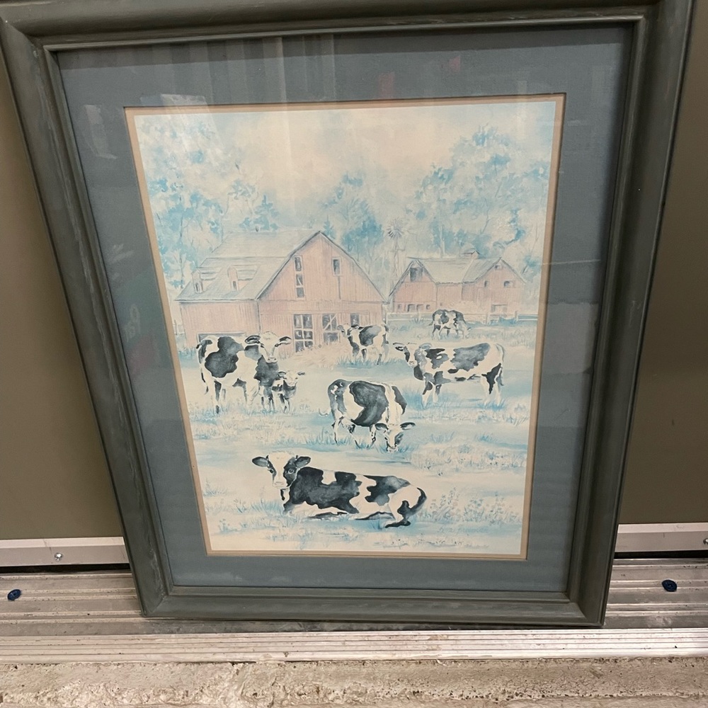 Vintage Framed Red Barn with Windmill & Cows Print 16" X 20" by Ava Freeman